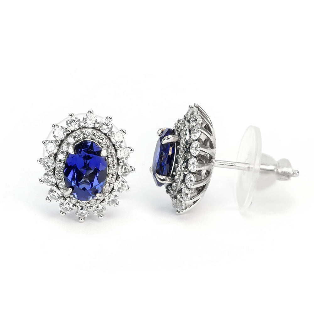 Royal Blue Sapphire Halo Earrings RE-02 | Jewelry Rental - LeCaine Gems