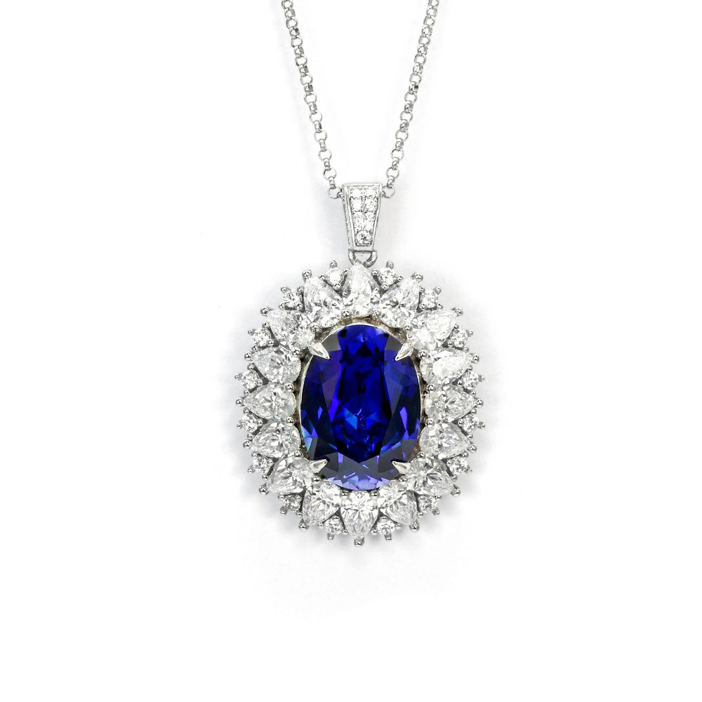Royal Blue Sapphire Halo Necklace RN-03 | Jewellery Rental - LeCaine Gems