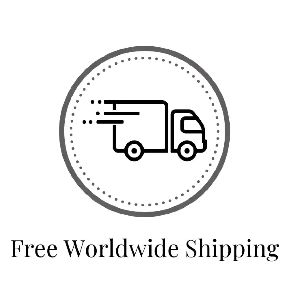 Simple line icon of a delivery truck inside a dotted circular border with text ’Free Worldwide Shipping’ below.