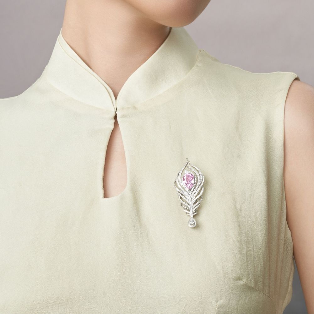 Pink Lab Grown Diamond Peacock Feather Brooch RBR-02 | Jewelry Rental - LeCaine Gems