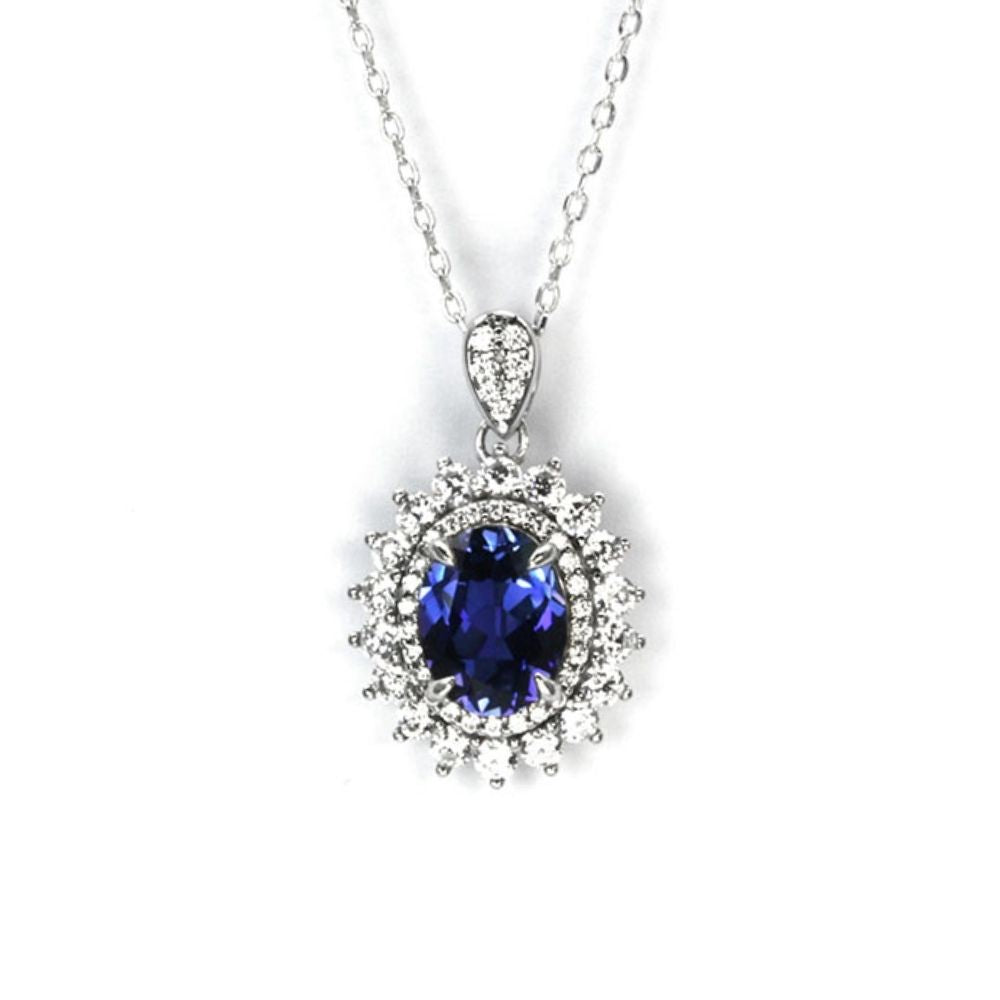 Royal Blue Sapphire Halo Necklace RN-02 | Jewelry Rental - LeCaine Gems